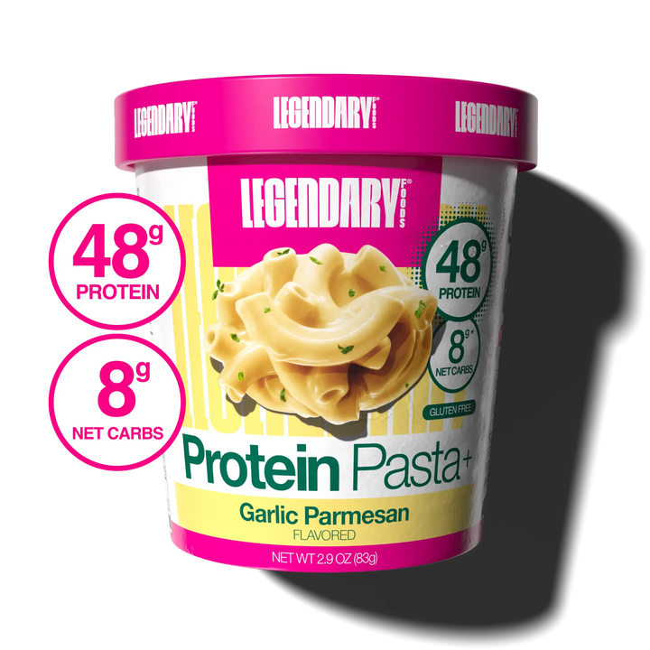 Container of Legendary Protein Pasta Garlic Parmesan flavored on a white background