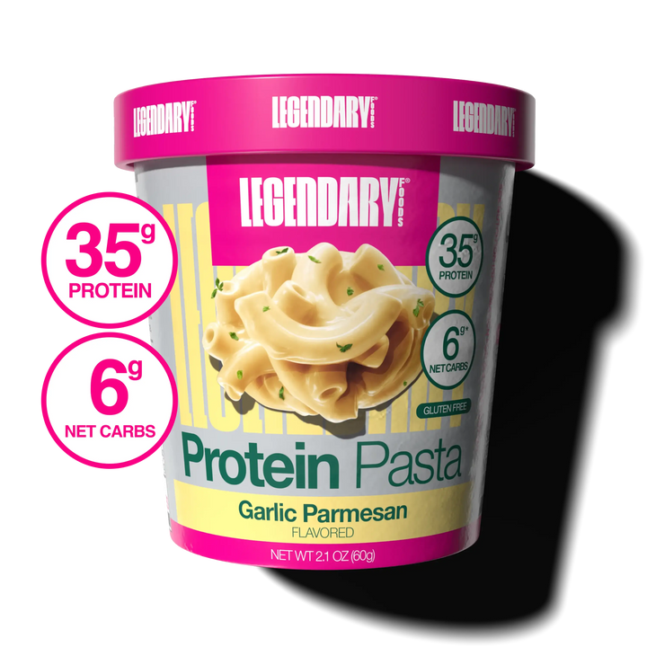 Container of Legendary Protein Pasta Garlic Parmesan flavored on a white background