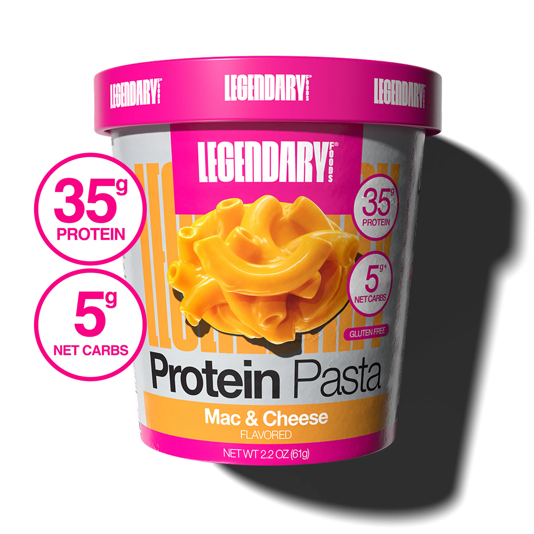 Container of Legendary Protein Pasta Mac & Cheese flavored on a white background