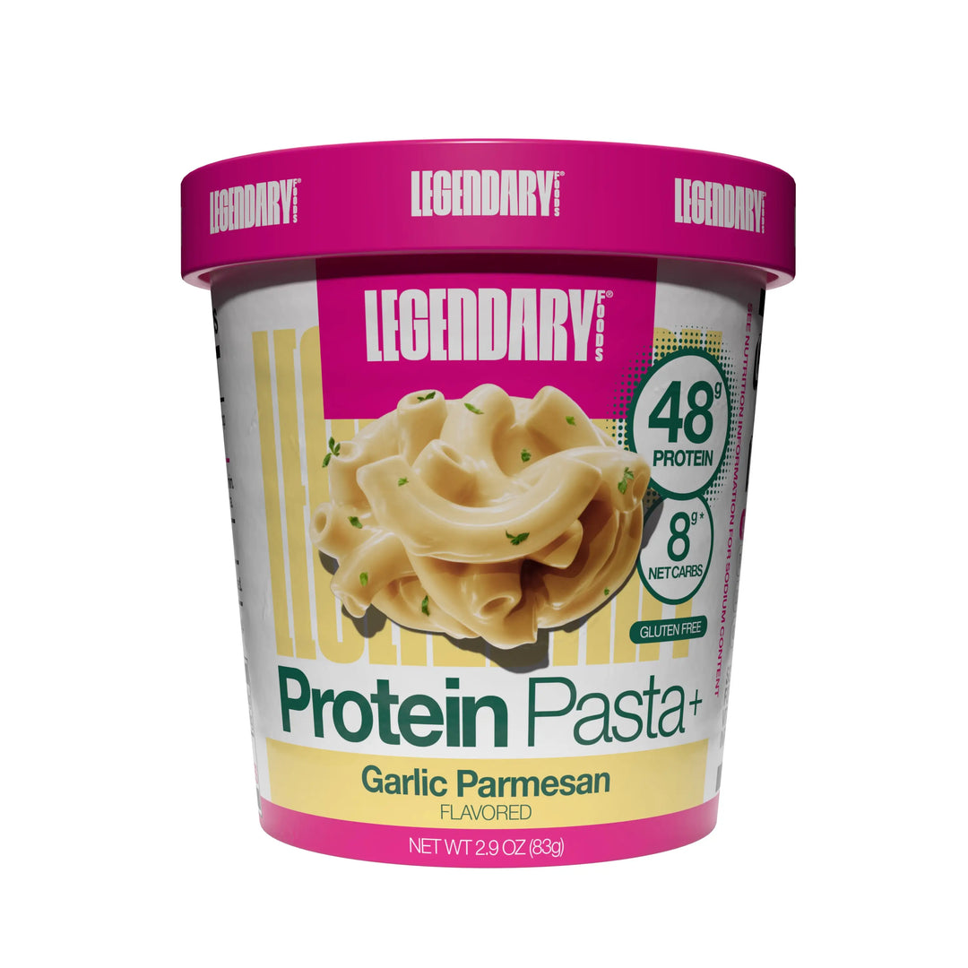 Cup of Legendary Foods Garlic Parmesan flavored Protein Pasta+.