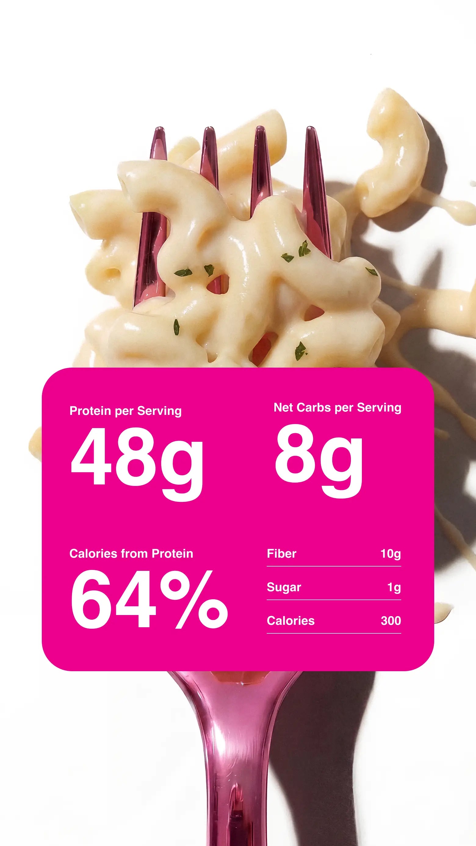 Zoomed in product photography with nutrition information for Garlic Parmesan Legendary Protein Pasta Plus