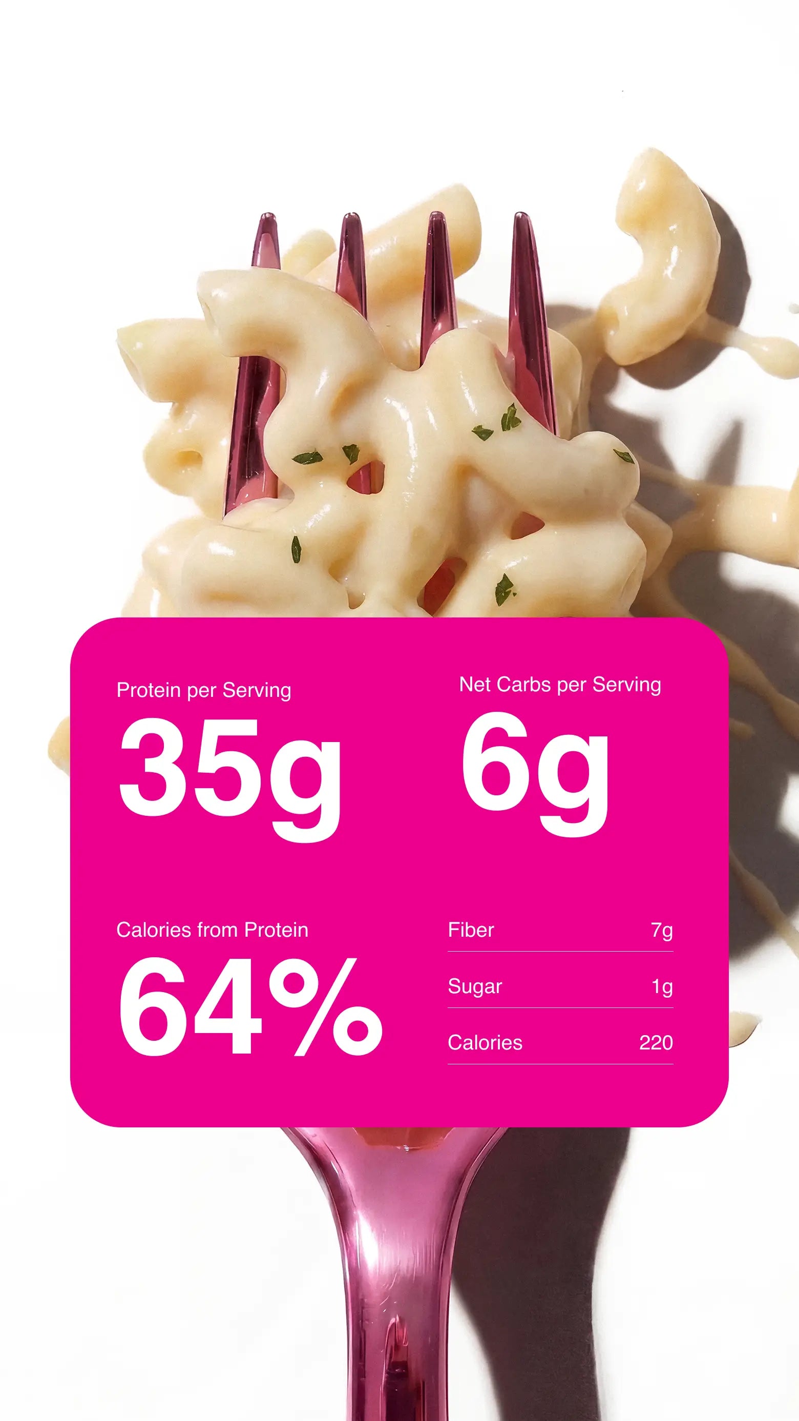 Image of garlic parmesan protein pasta on a fork with nutrition callouts of Legendary Protein Pasta over it