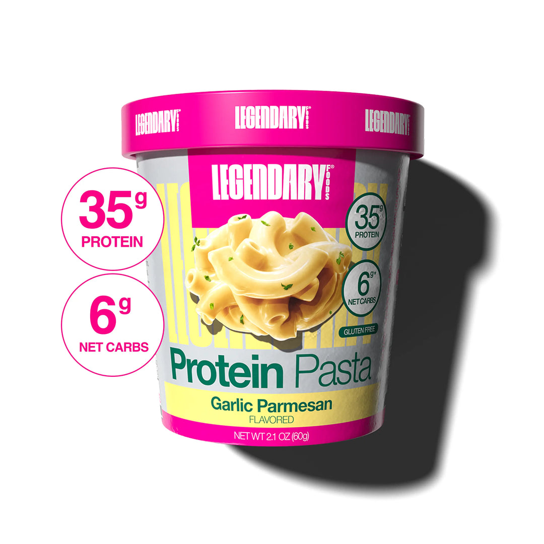 Cup of Legendary Foods Garlic Parmesan Protein Pasta with 35g Protein and 6g Net Carb callouts