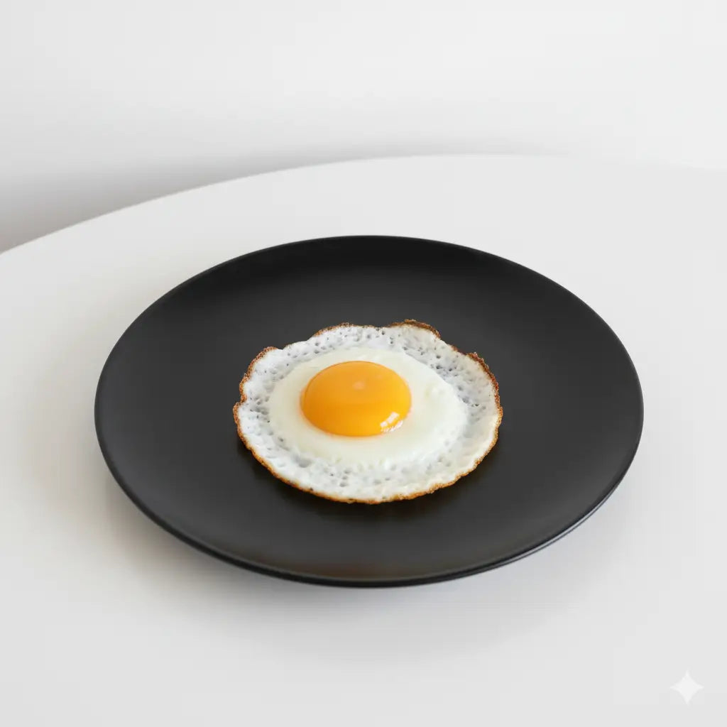 1 cooked egg on a black plate, on a white table 