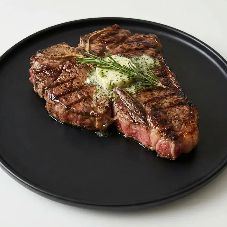 Cooked t-bone steak on a black plate, which is on a white surface
