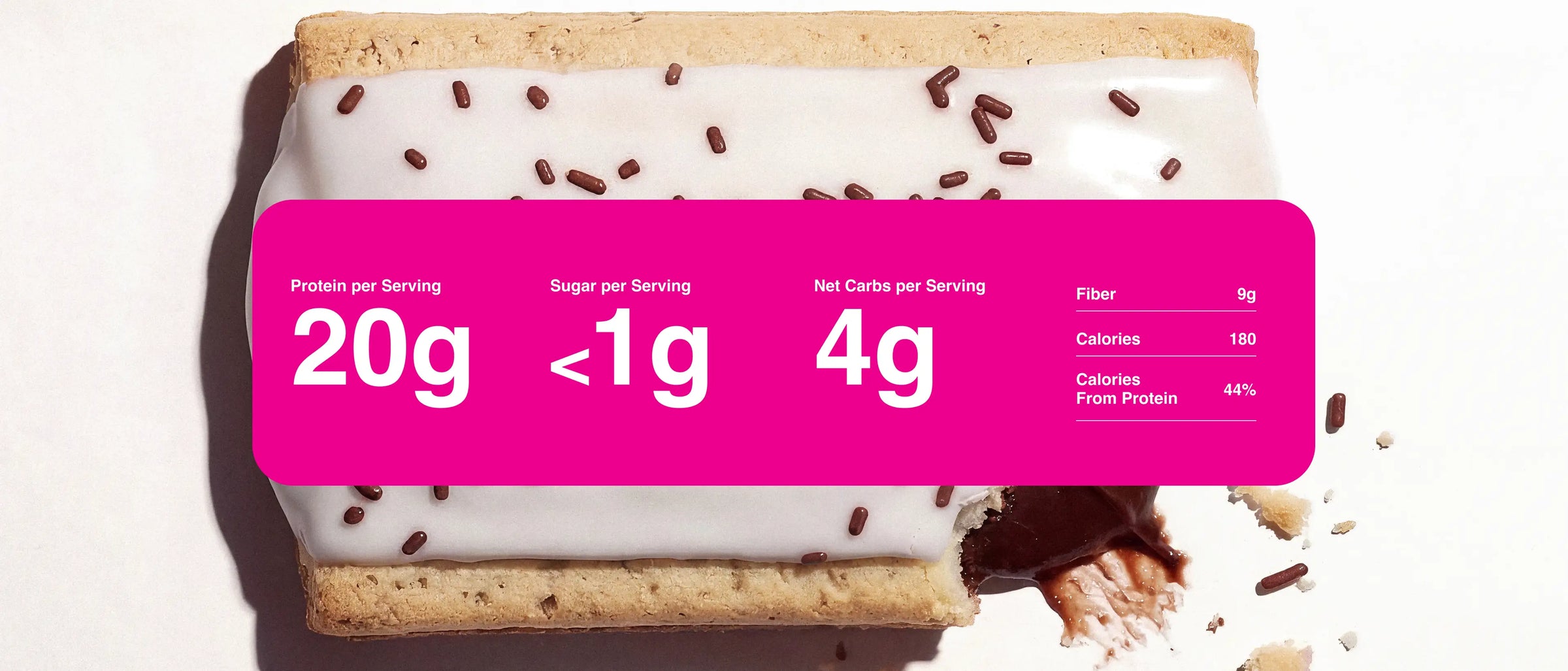 Zoomed in product photography with nutrition information for the Hot Fudge Sundae Protein Pastry