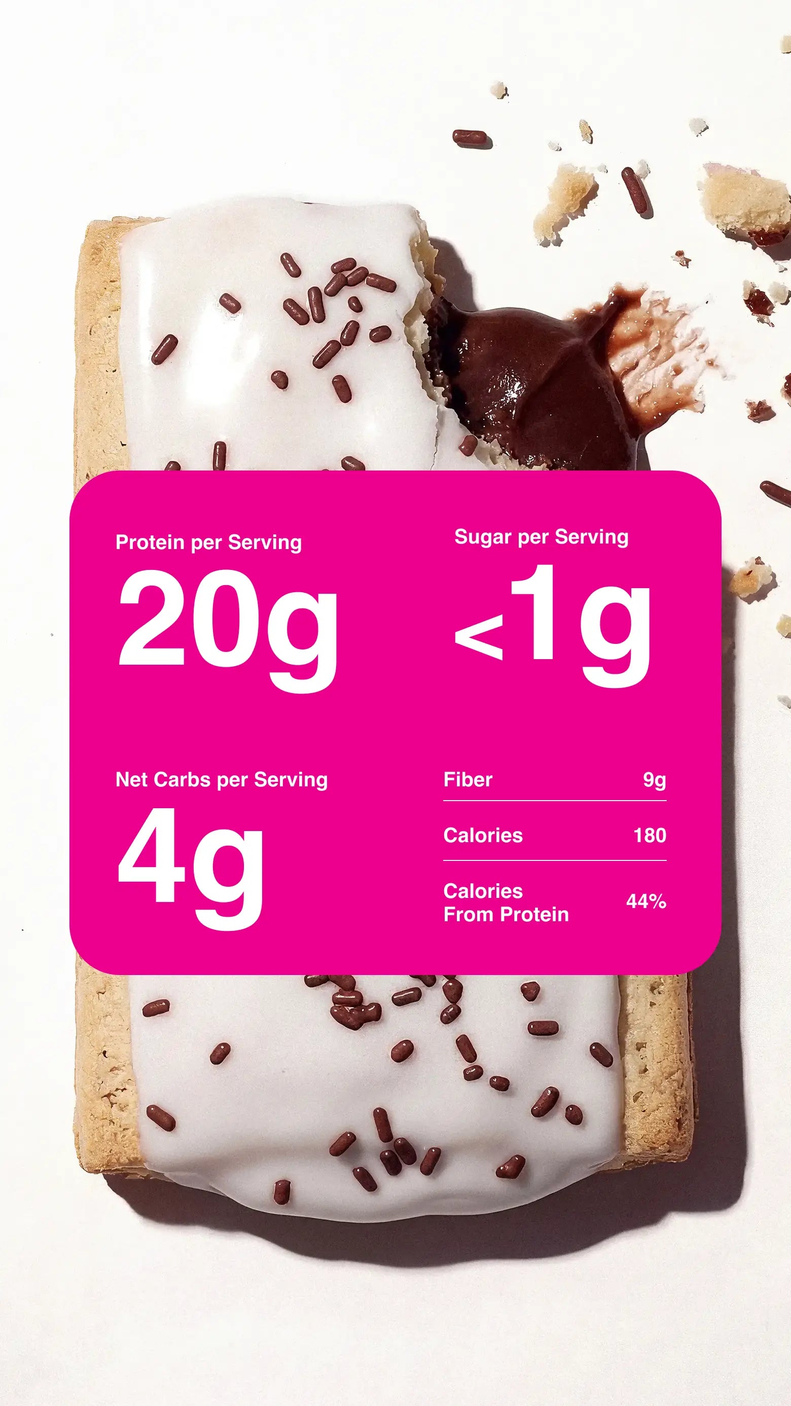 Zoomed in product photography with nutrition information for the Hot Fudge Sundae Protein Pastry
