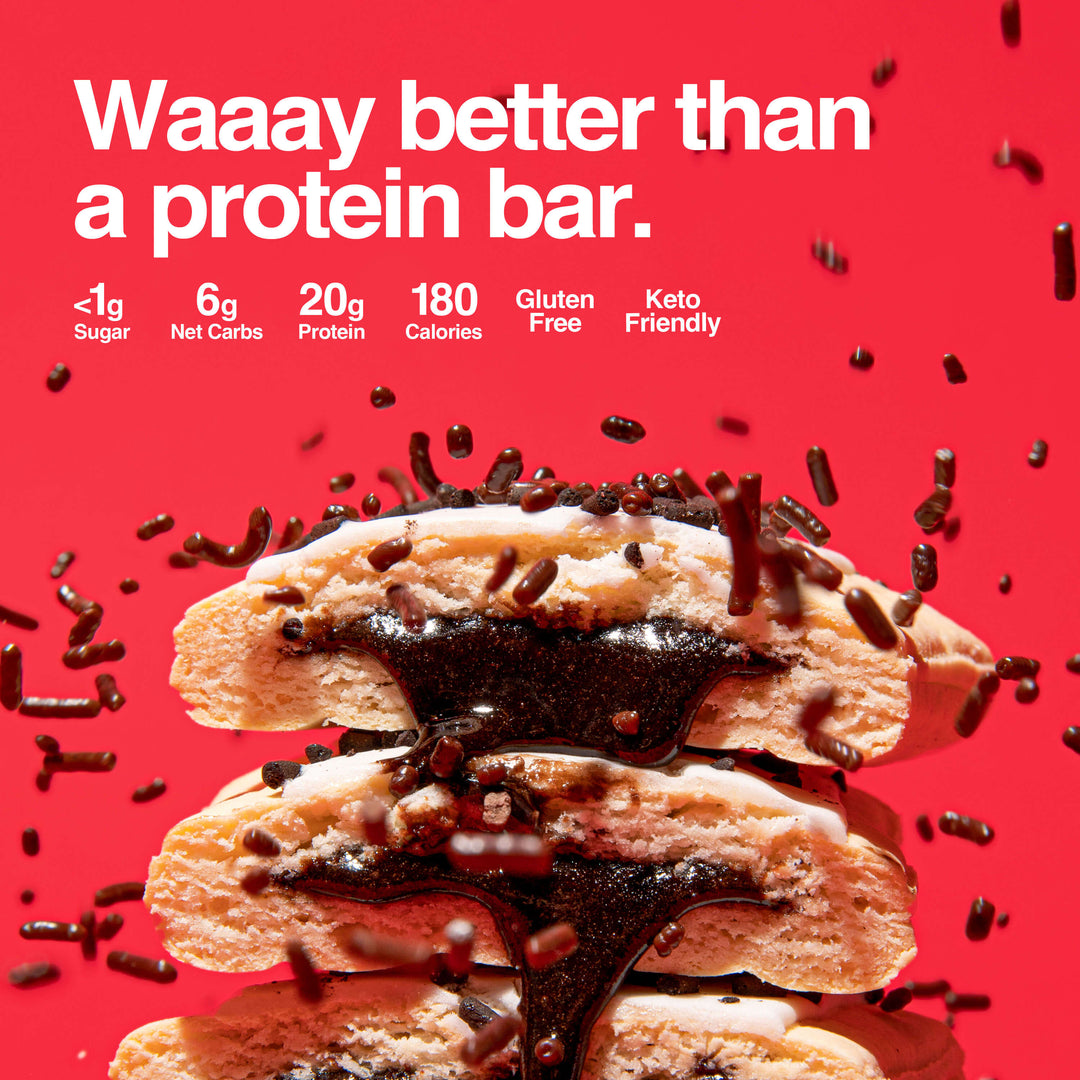 Image of stacked hot fudge sundae protein pastries with bold text "Waaay better than a protein bar."
