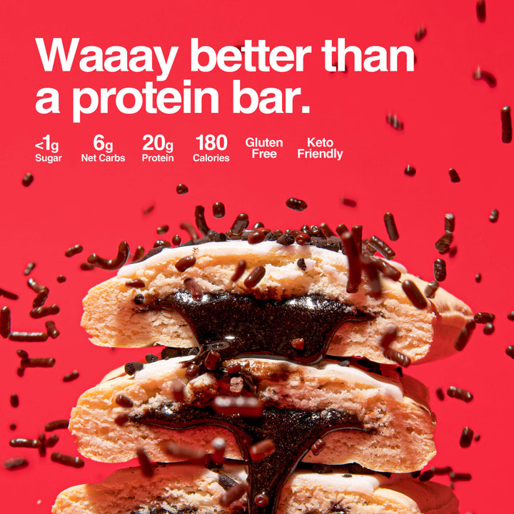 Image of stacked hot fudge sundae protein pastries with bold text "Waaay better than a protein bar."