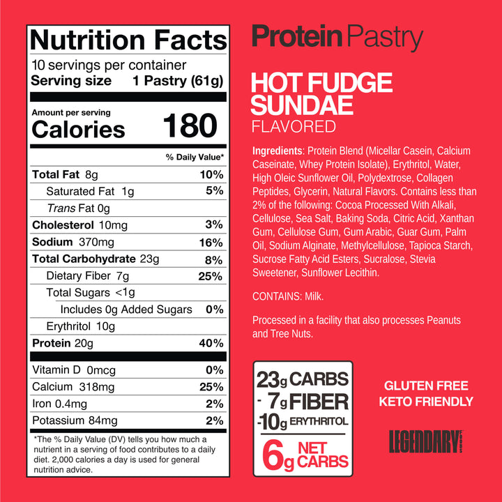 Nutrition facts panel and ingredient list for Hot Fudge Sundae protein pastry. 