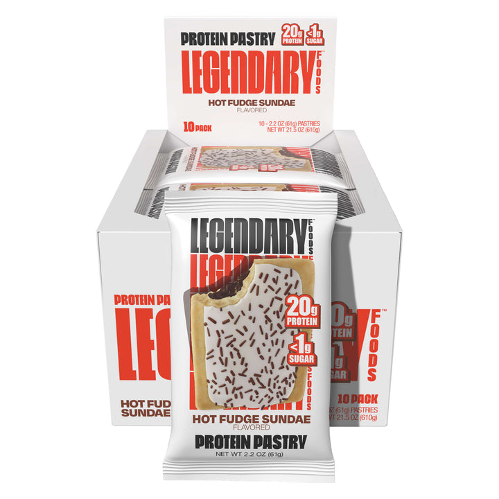 Image of 10 pack box of hot fudge sundae protein pastries, with single pastry in front.