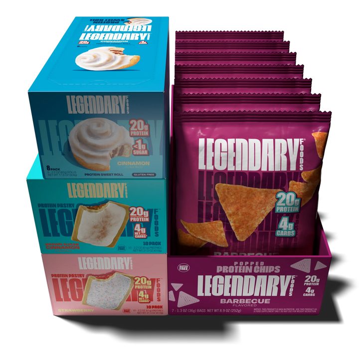 Bundle of Legendary Foods products - including a box of Cinnamon protein sweet rolls, cinnamon and strawberry protein pastries, and barbecue protein chips