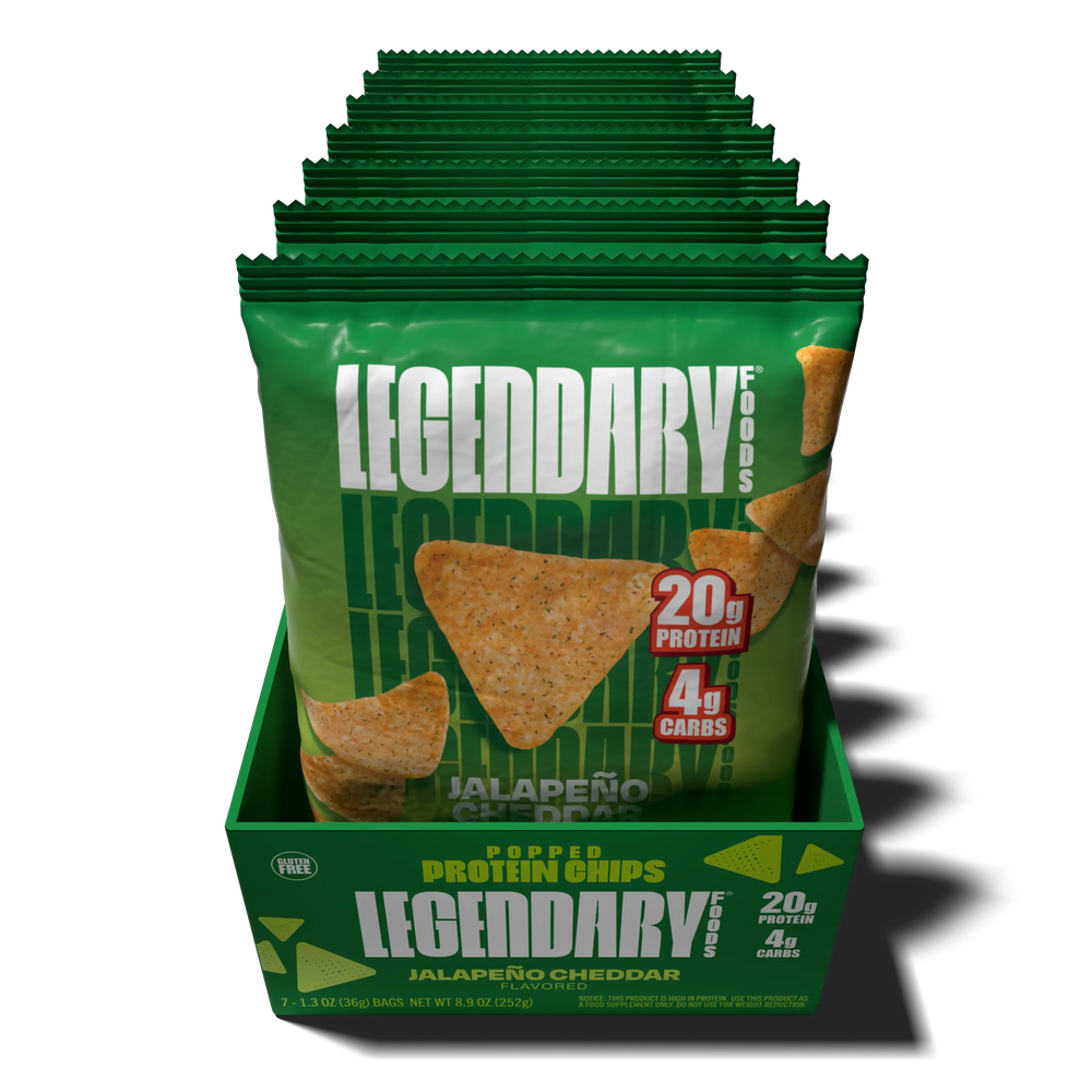 Top down view of an open box of Legendary Foods Jalapeno Cheddar Popped Protein Chips
