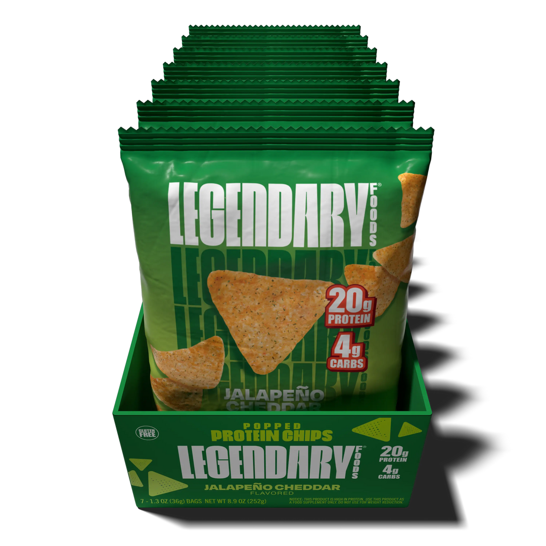 Top down view of an open box of Legendary Foods Jalapeno Cheddar Popped Protein Chips
