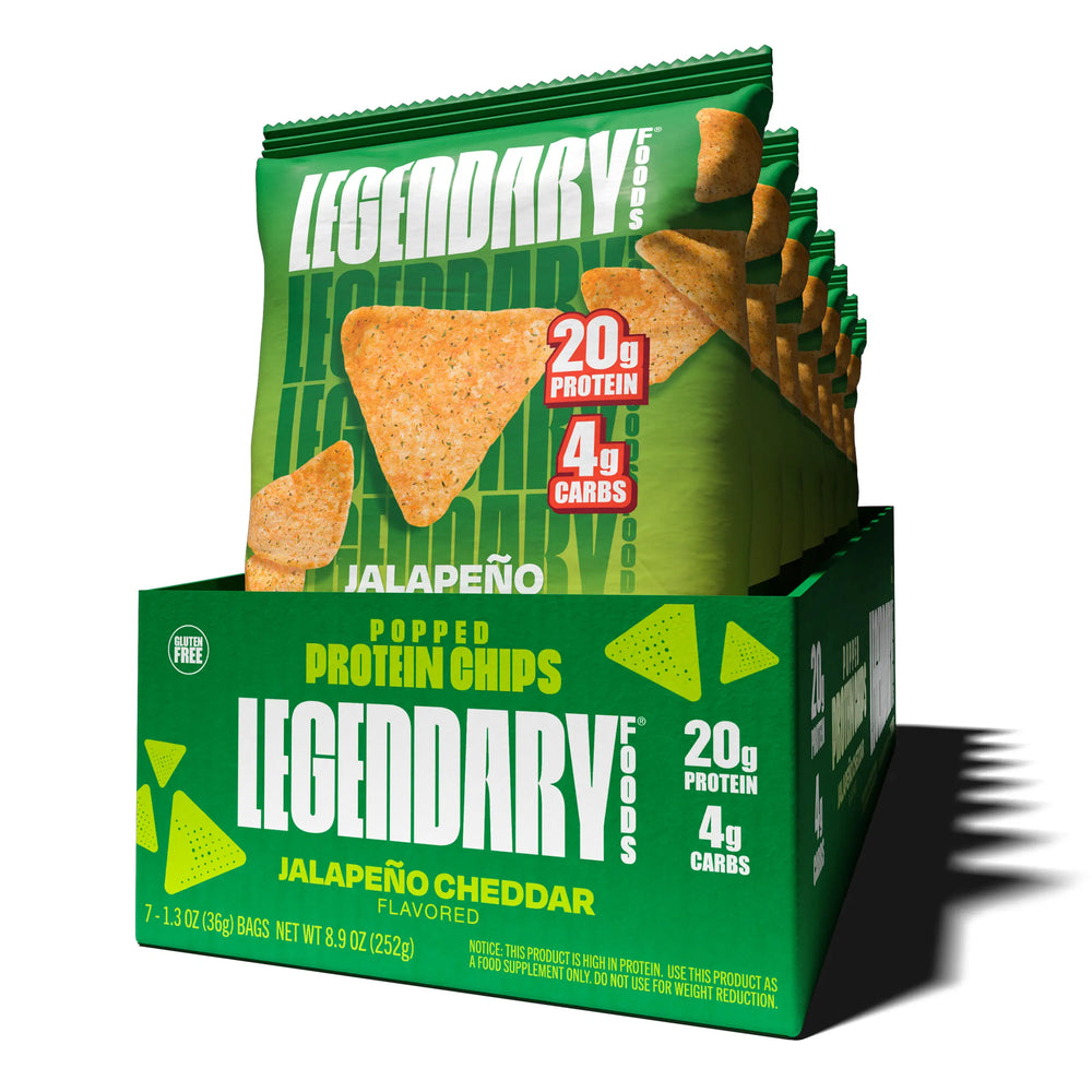 Legendary Foods Jalapeño Cheddar Protein Chips 7-count box with individual green bags, showing 20g protein and 4g carbs per bag.