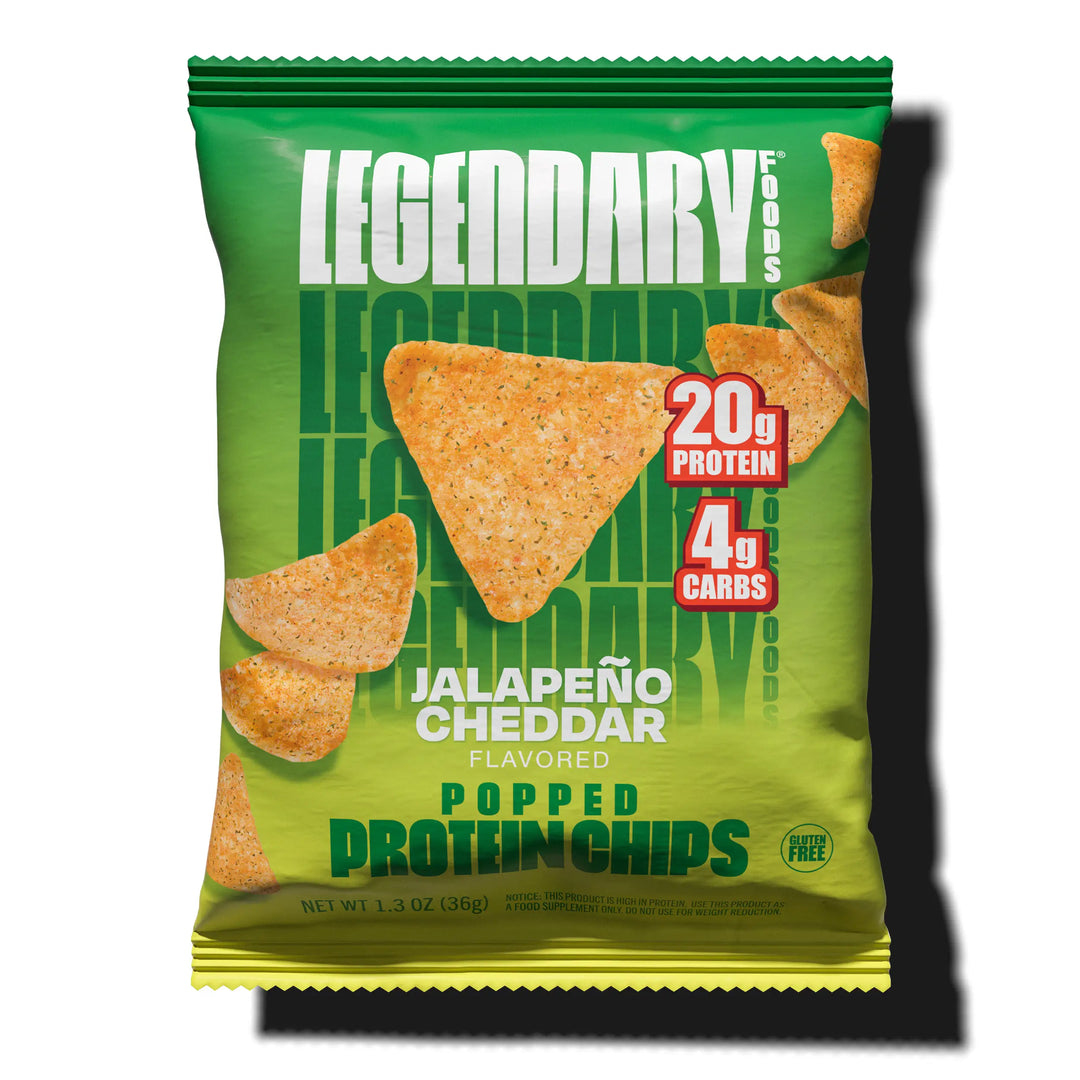 Front of a Legendary Foods Jalapeño Cheddar Protein Chips bag with popped chips, featuring 20g protein and 4g carbs.