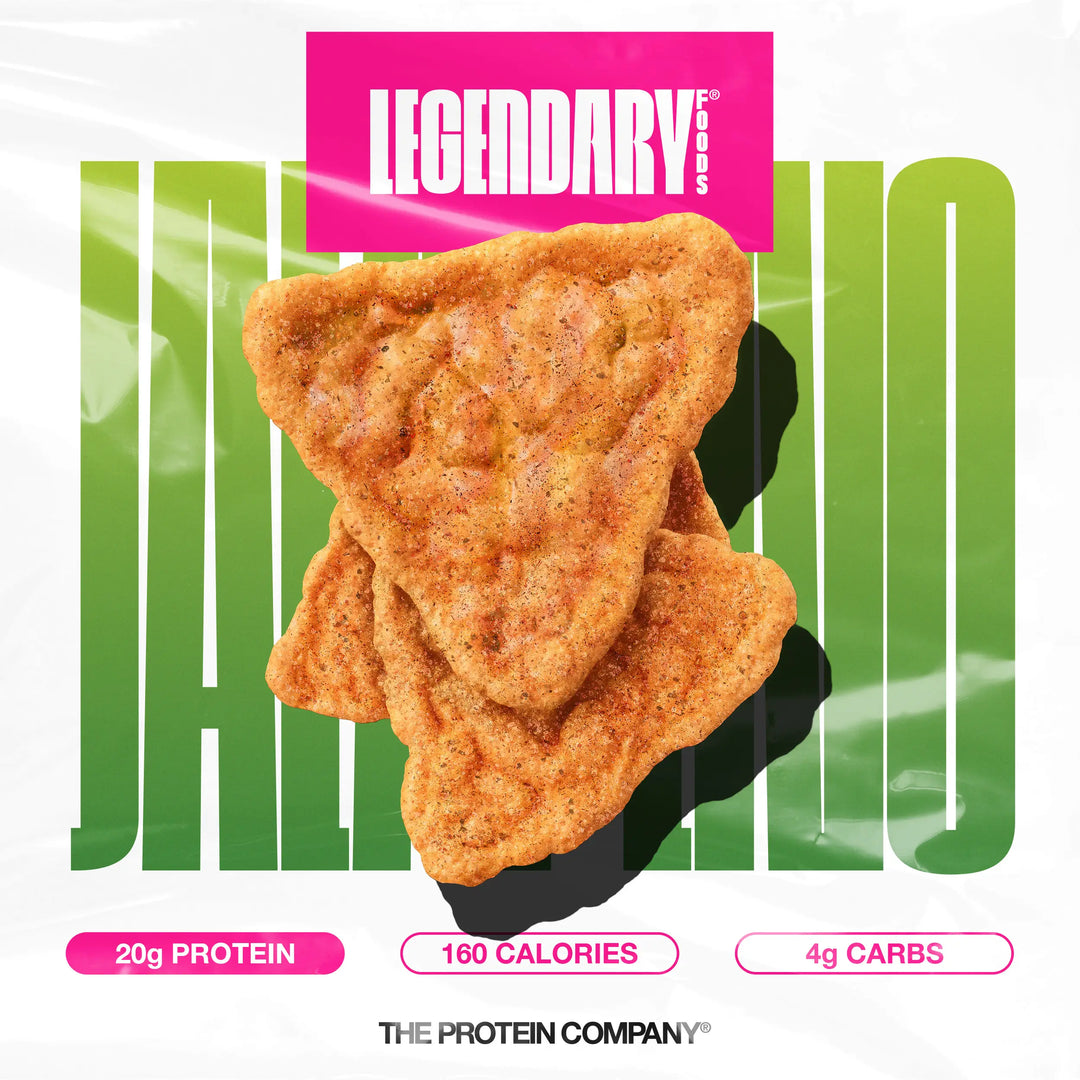 Jalapeño Cheddar protein chips on a green and white background with callouts for 20g protein, 160 calories, and 4g carbs.