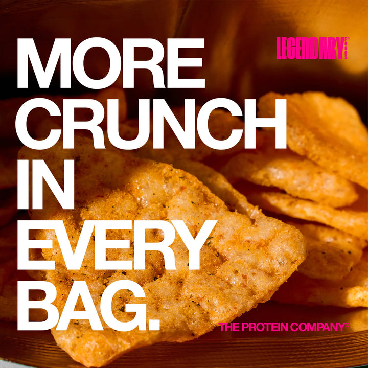 Close-up of seasoned popped protein chips with text reading “More crunch in every bag.”