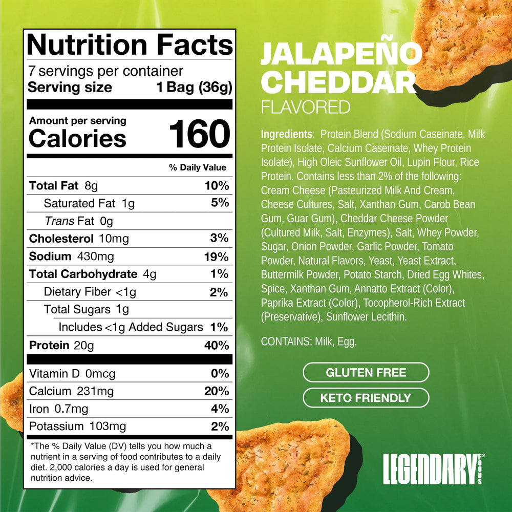 Back panel for Legendary Foods Jalapeño Cheddar Protein Chips showing nutrition facts, ingredients, gluten free, and keto friendly callouts.