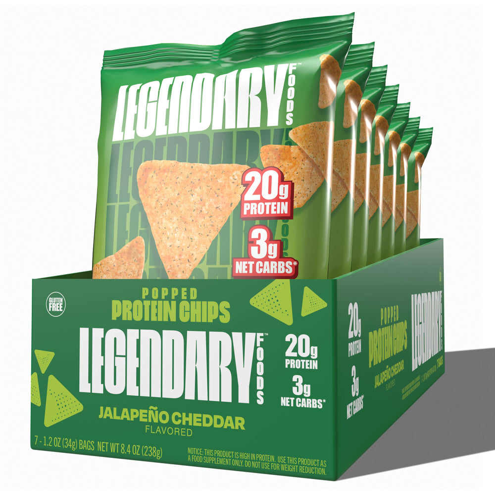 Box of Legendary Foods Jalapeño Cheddar Popped Protein Chips with 20g protein and 3g net carbs.