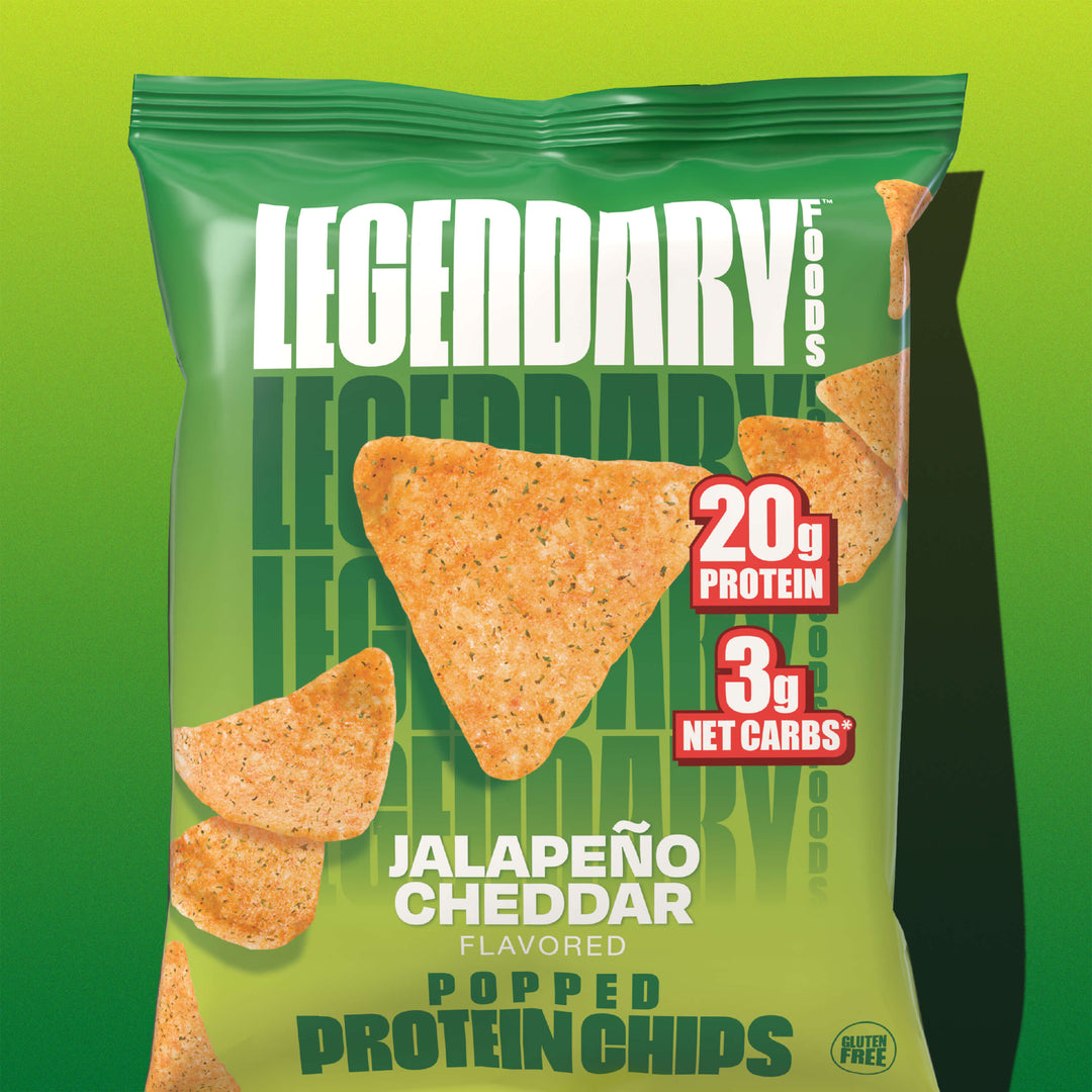 Single bag of Legendary Foods Jalapeño Cheddar Popped Protein Chips featuring 20g protein and 3g net carbs.
