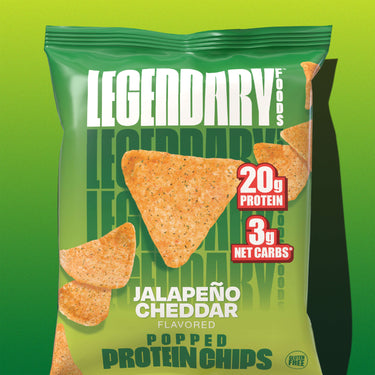 Single bag of Legendary Foods Jalapeño Cheddar Popped Protein Chips featuring 20g protein and 3g net carbs.
