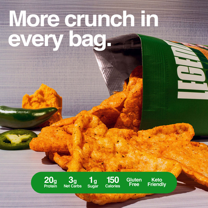 Open chip bag spilling out crispy orange protein chips with jalapeños and cheese, text reads “More crunch in every bag.”