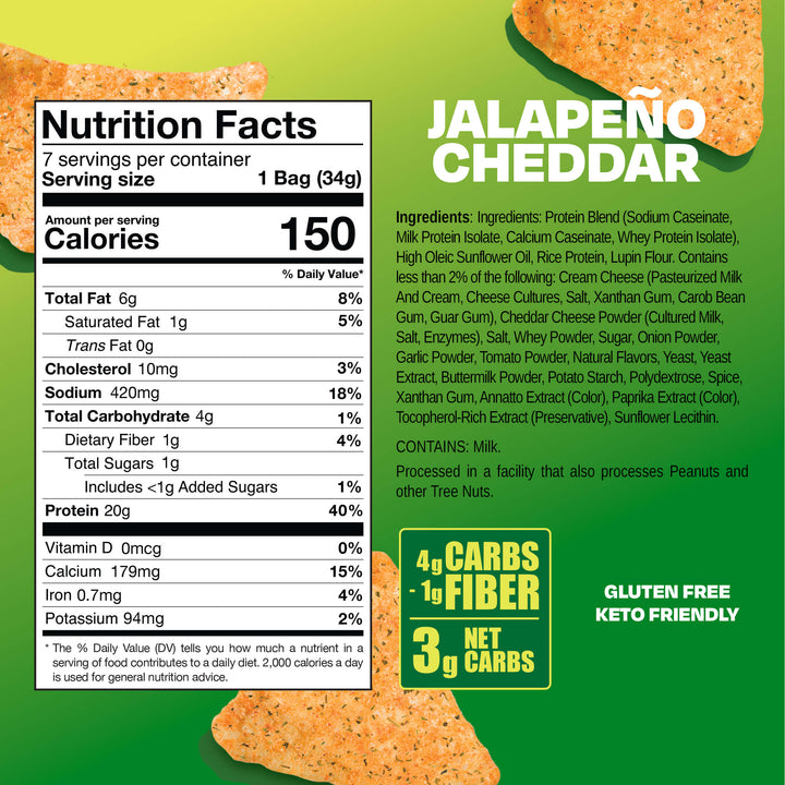 Nutrition facts and ingredients for Jalapeño Cheddar protein chips, with highlights like 20g protein and 3g net carbs.
