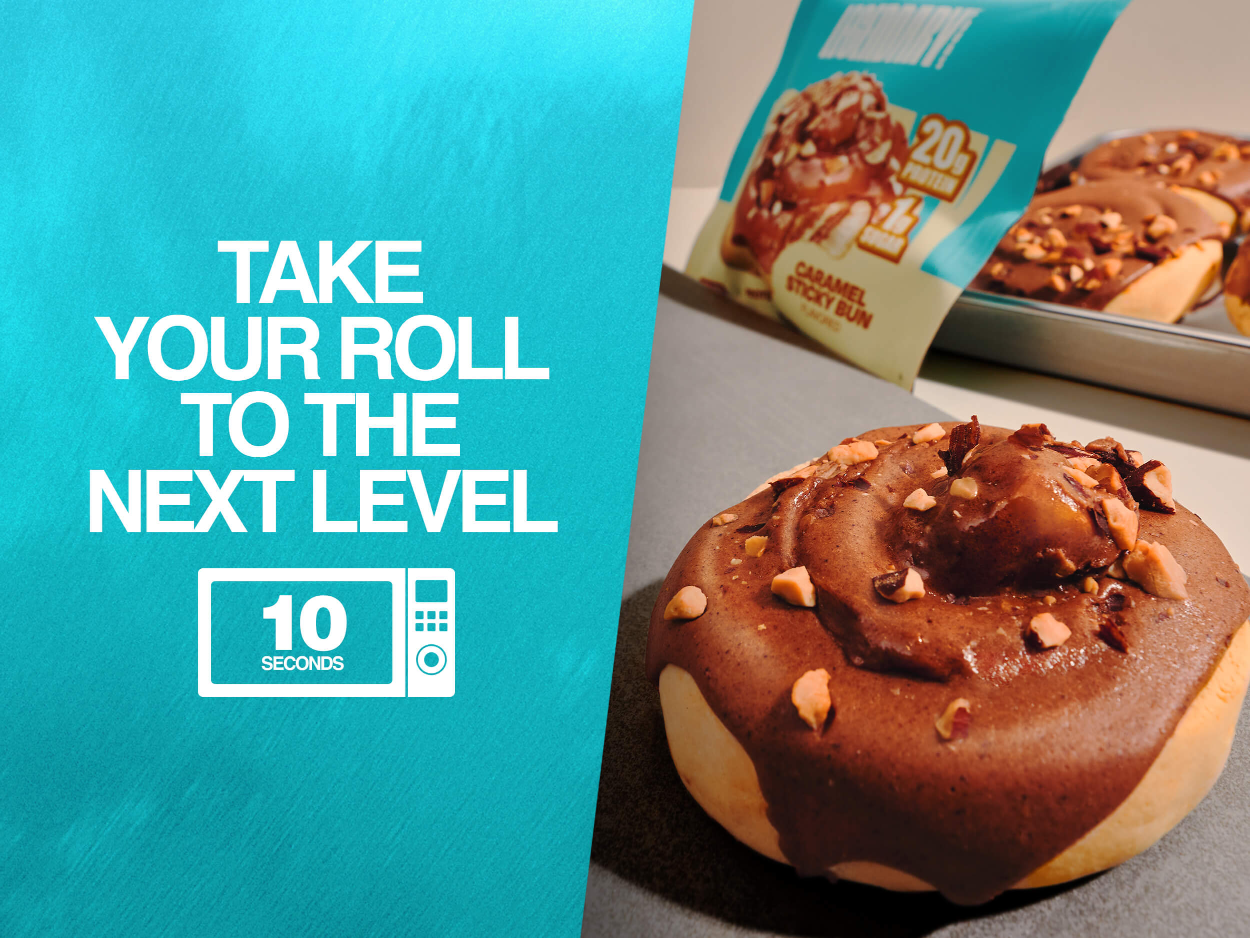 Caramel Sticky Bun pastry with text suggesting microwaving for 10 seconds to take it to the next level.