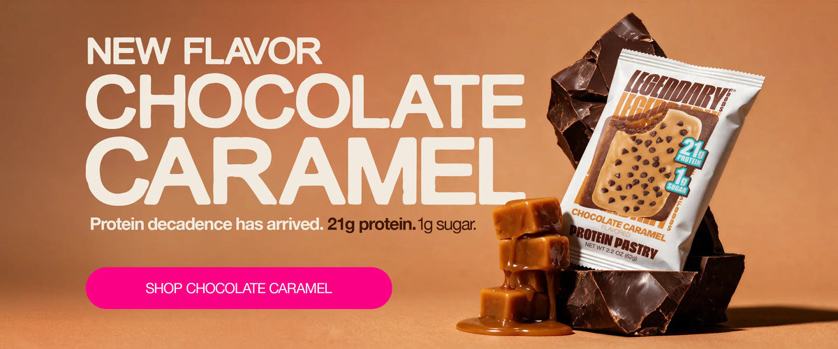 Legendary Foods Chocolate Caramel Protein Pastry surrounded by chocolate and caramel pieces on a caramel-colored background. Text reads: New Flavor Chocolate Caramel. Protein decadence has arrived. 21g protein. 1g sugar. Shop Chocolate Caramel.