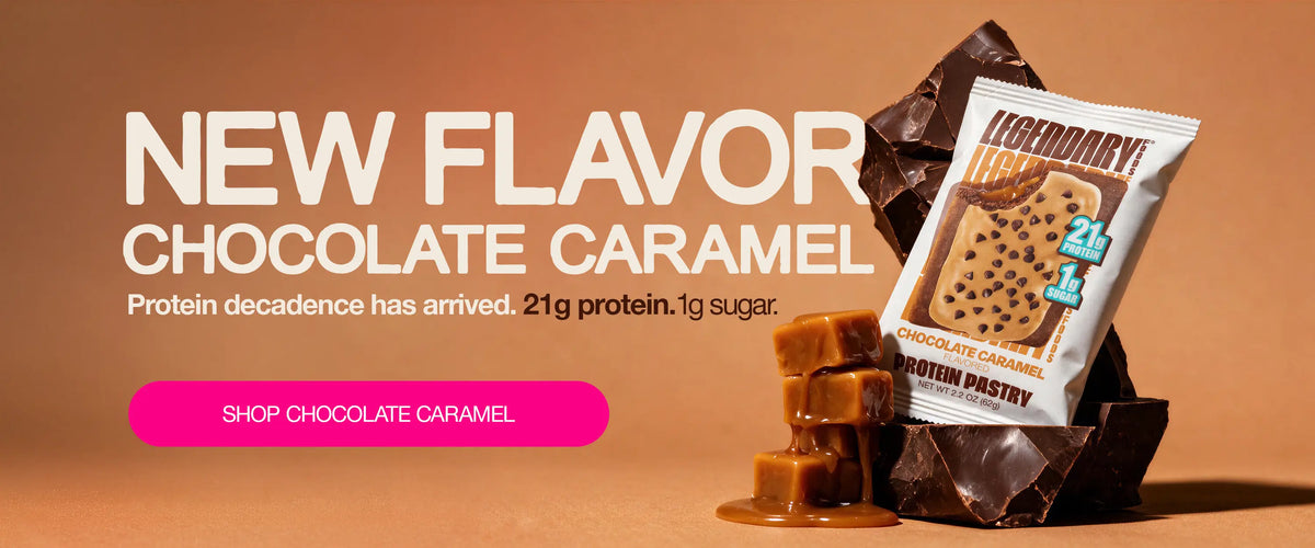 Legendary Foods Chocolate Caramel Protein Pastry surrounded by chocolate and caramel pieces on a caramel-colored background. Text reads: New Flavor Chocolate Caramel. Protein decadence has arrived. 21g protein. 1g sugar. Shop Chocolate Caramel.