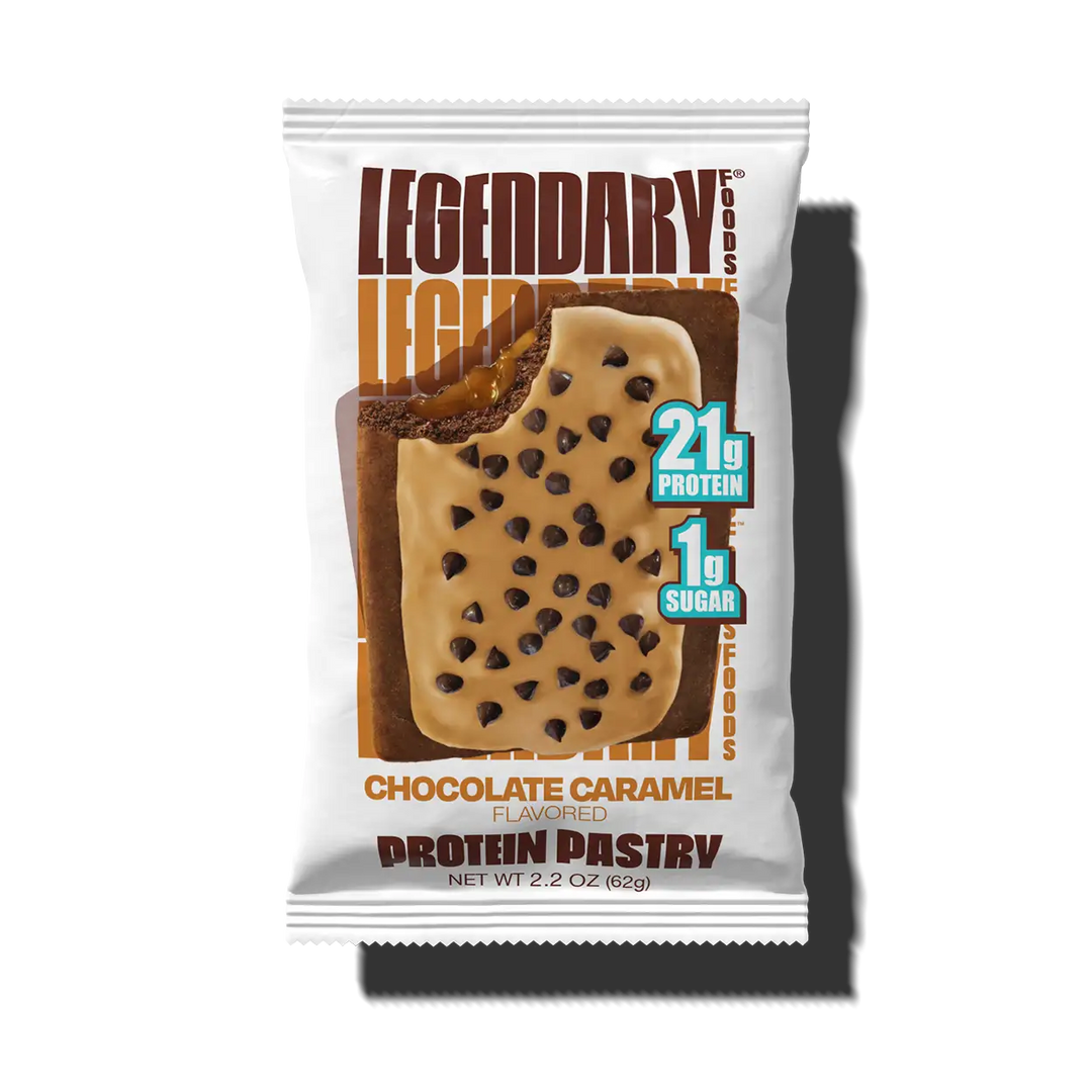 Single package image: Legendary Foods Chocolate Caramel Protein Pastry in an individual white wrapper, featuring 21g protein and 1g sugar.