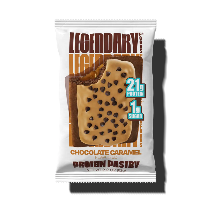 Single package image: Legendary Foods Chocolate Caramel Protein Pastry in an individual white wrapper, featuring 21g protein and 1g sugar.