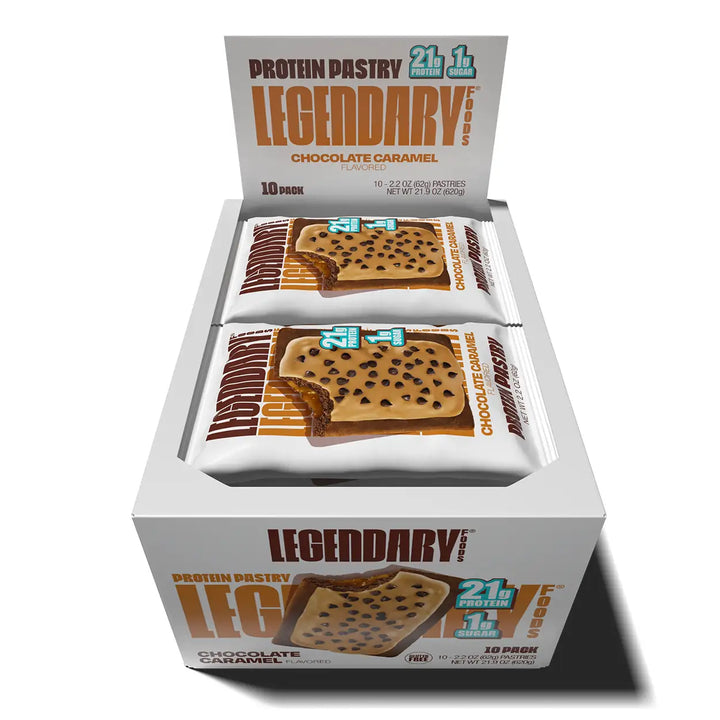 10-pack box image: Open 10-pack box of Legendary Foods Chocolate Caramel Protein Pastries with individually wrapped pastries inside.