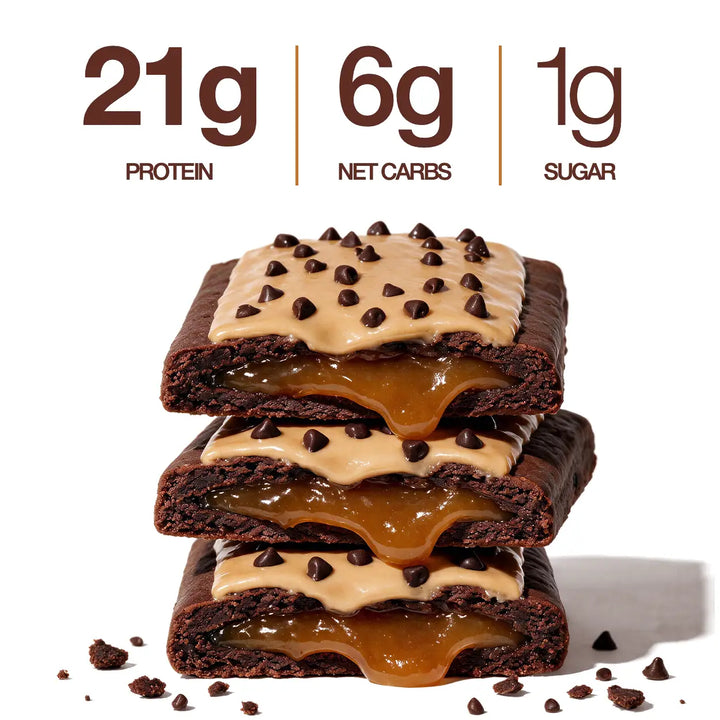 Three Chocolate Caramel Protein Pastries stacked with chocolate pastry, caramel filling, caramel-colored icing and chocolate chips, alongside 21g protein, 6g net carbs and 1g sugar callouts.