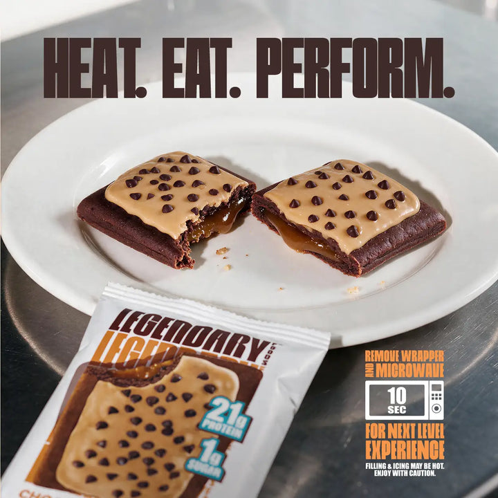 Heated product image: Legendary Foods Chocolate Caramel Protein Pastry cut open on a plate with warm caramel filling, shown with 10-second microwave heating instructions.