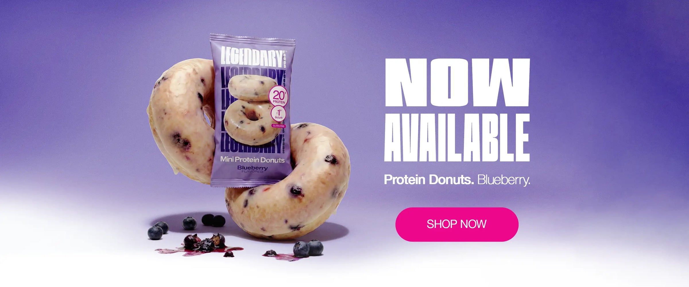 Blueberry Protein Donut & Packaging with "NOW AVAILABLE" and Shop Now Button on the bottom