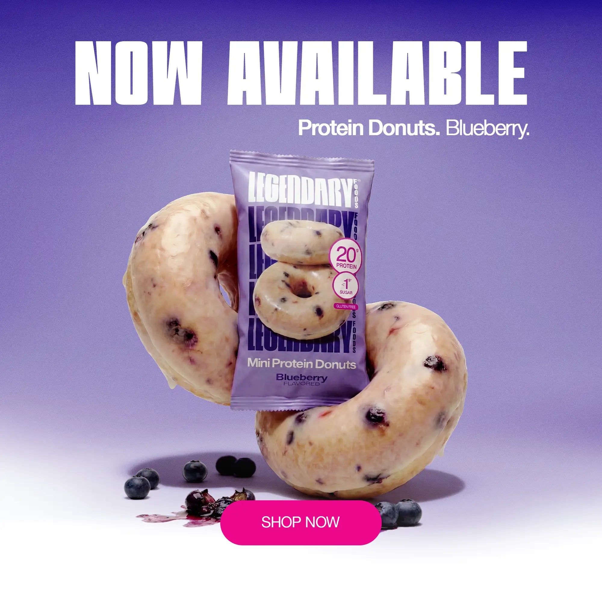 Blueberry Protein Donut & Packaging with "NOW AVAILABLE" and Shop Now Button on the bottom