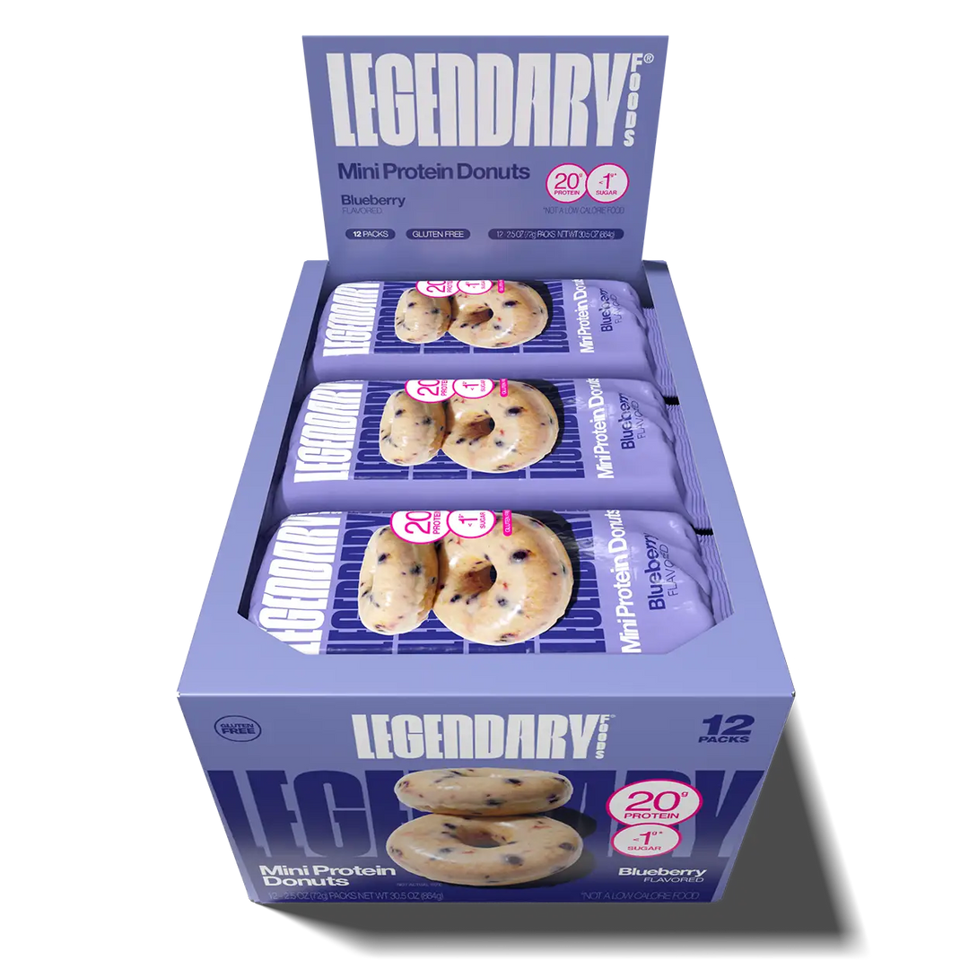Box of Legendary Foods Mini Protein Donuts with blueberry flavor on a white background