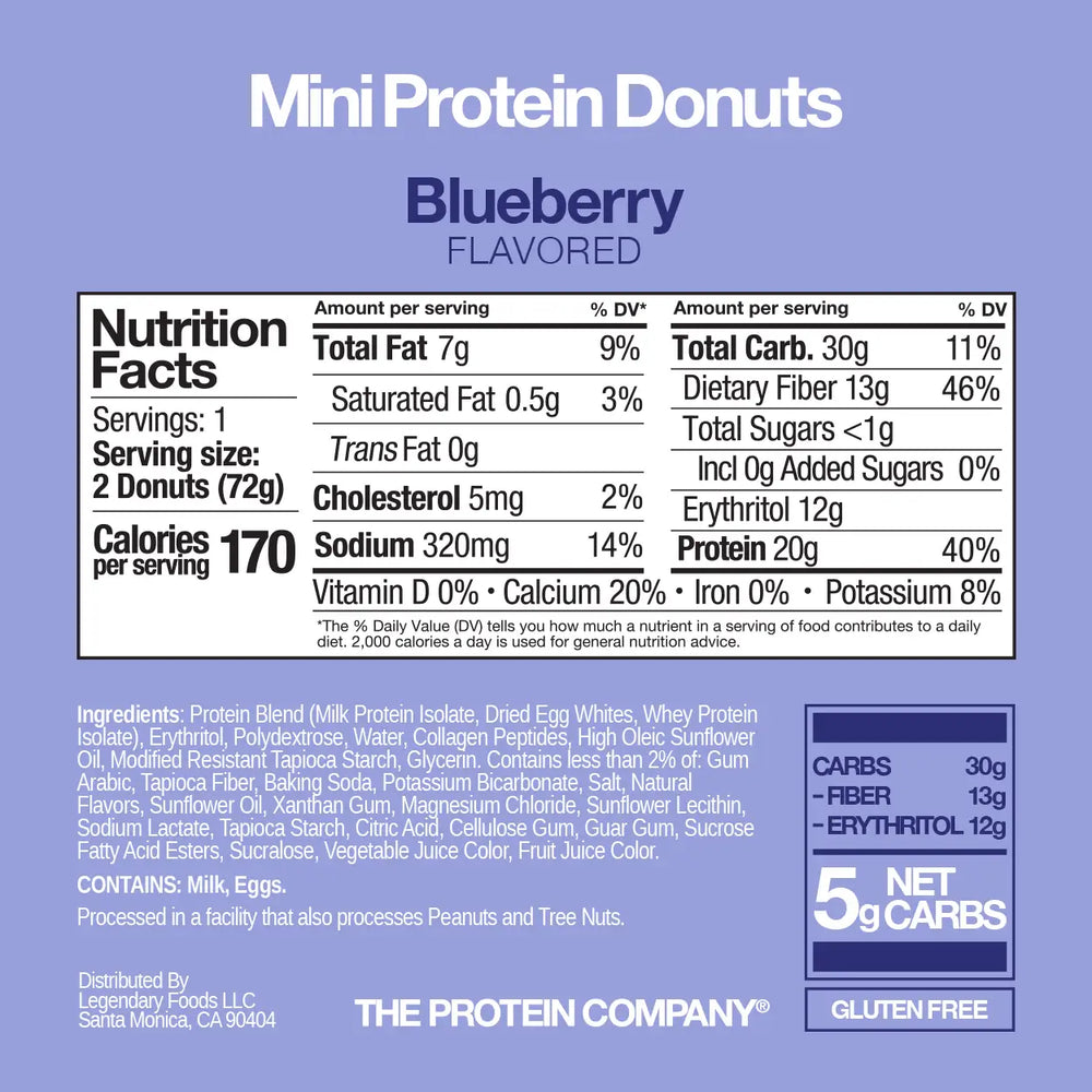 Nutrition facts label for Blueberry Protein Donuts