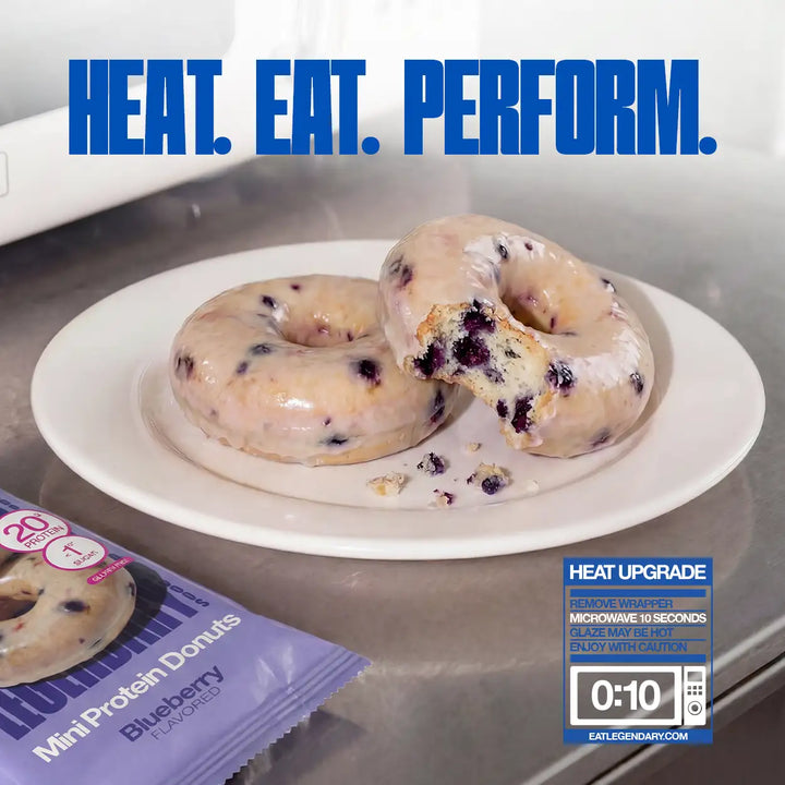 Image of blueberry protein donuts on a plate with optional microwave instructions in the bottom right
