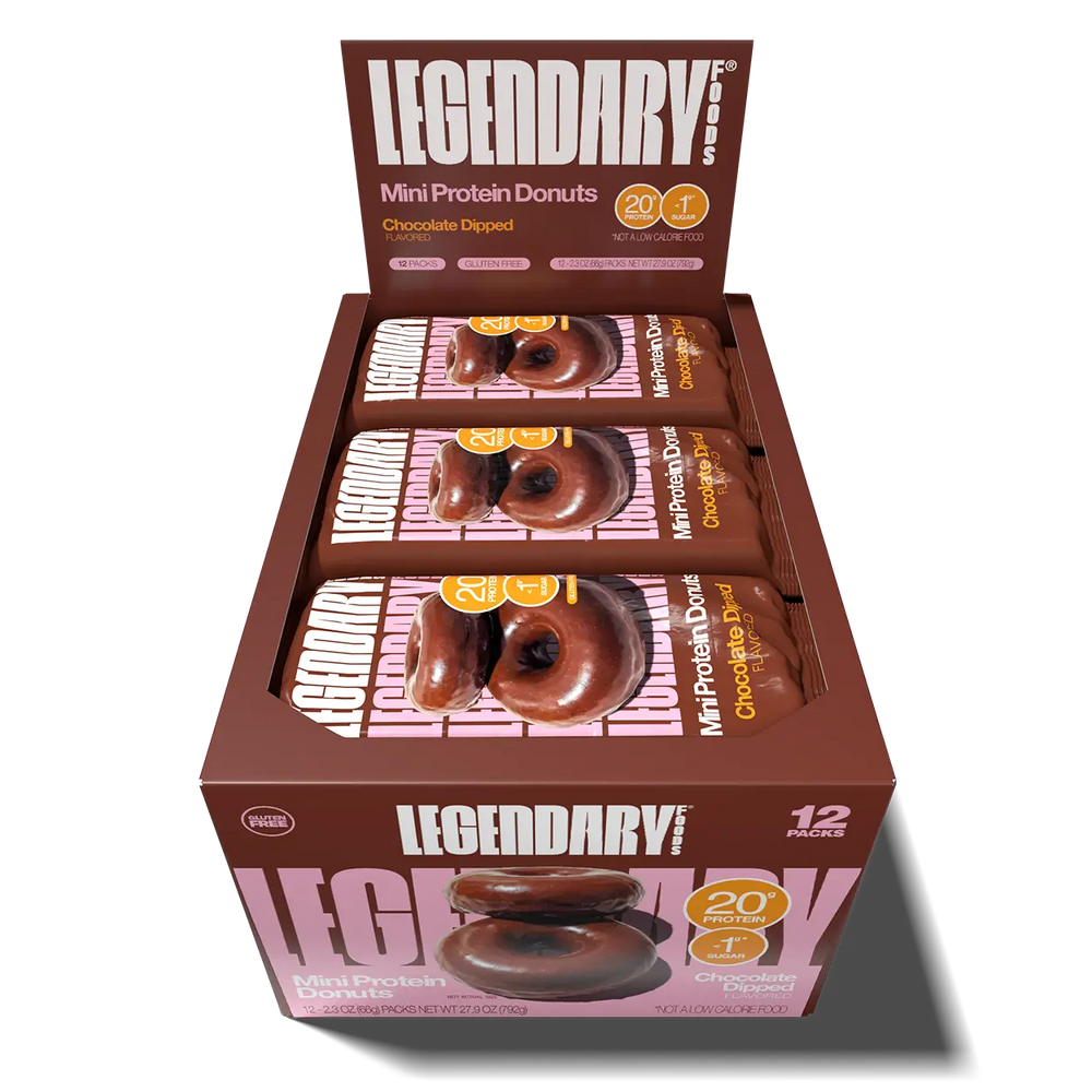 top down image of an open twelve pack box of chocolate dipped mini protein donuts