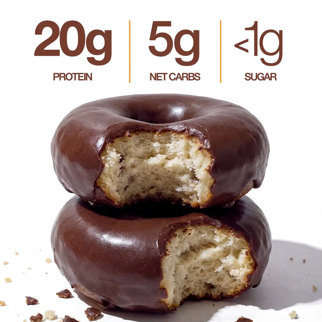image of 2 chocolate dipped mini protein donuts with macronutrient callouts of 20g protein, 5g net carbs, and less than 1g sugar on a white background