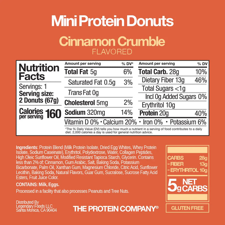 Nutrition facts and ingredients for Legendary Foods Cinnamon Crumble Mini Protein Donuts. Each two-donut serving contains 160 calories, 20g protein, 5g net carbs, and less than 1g sugar.