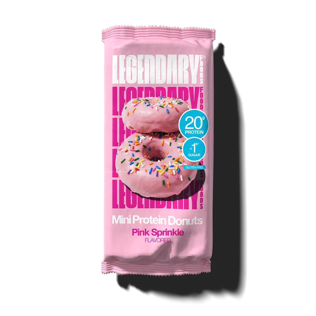 Legendary Pink Sprinkle Mini Protein Donuts package with two pink frosted sprinkle donuts, featuring 20g protein, less than 1g sugar and gluten free callouts.