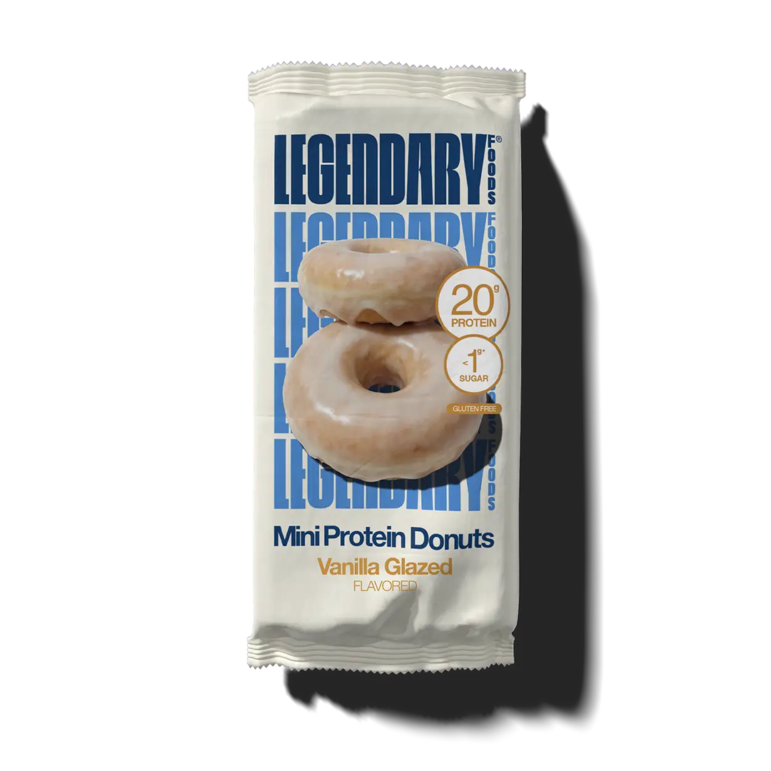 Legendary Foods Vanilla Glazed Mini Protein Donuts package featuring two glazed donuts, with 20g protein and less than 1g sugar per serving.
