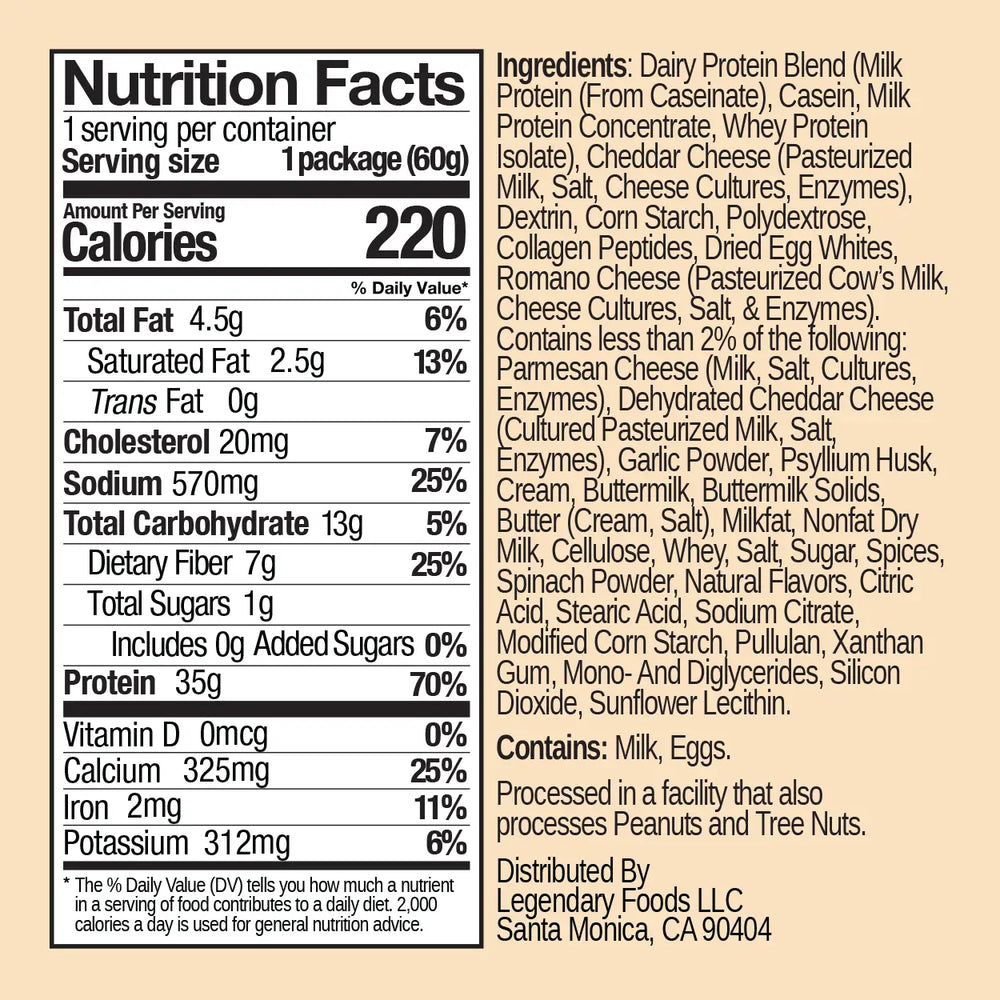 Nutrition label showing 220 calories, 35g protein, 6g net carbs, and ingredients list for Garlic Parmesan Protein Pasta