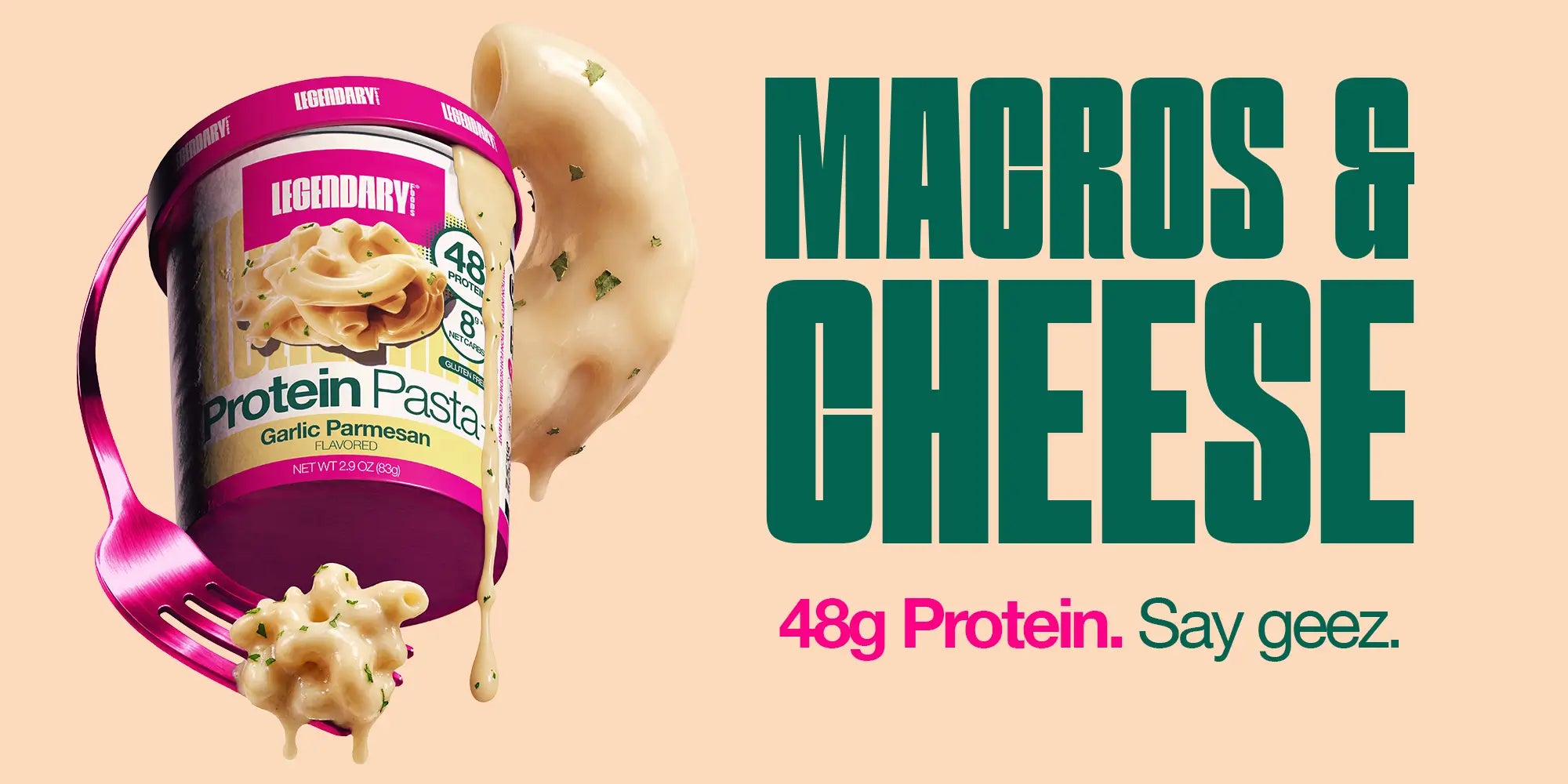 Protein pasta container with text 'Macros & Cheese' on a beige background