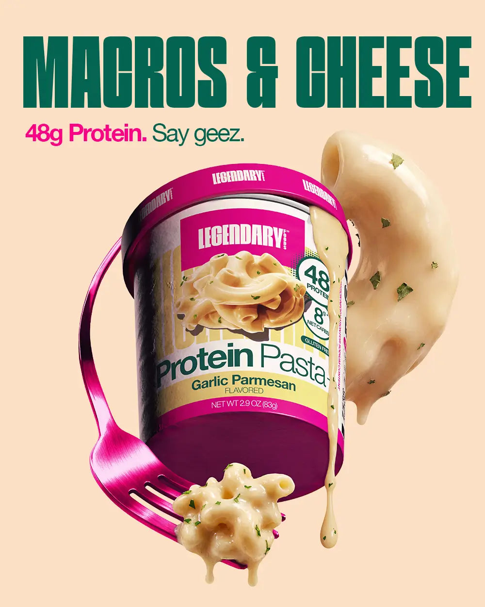 Container of Legendary Protein Pasta with text about protein content on a beige background