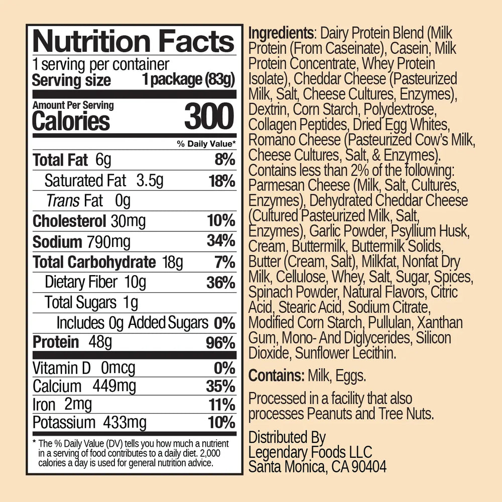 Nutrition facts and ingredient panel showing 300 calories, 48g protein, 8g net carbs, and dairy-based protein blend ingredients.